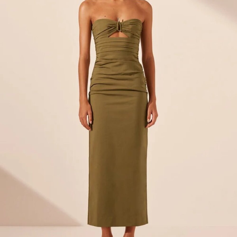 SHONA JOY LANI STRAPLESS GATHERED MIDI DRESS - ARMY GREEN sz 8
